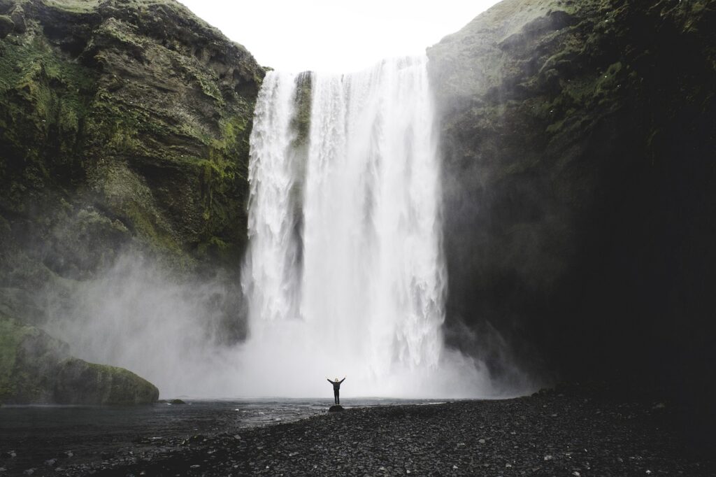 waterfalls, person, cascade