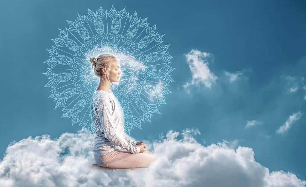 meditation, woman, sky